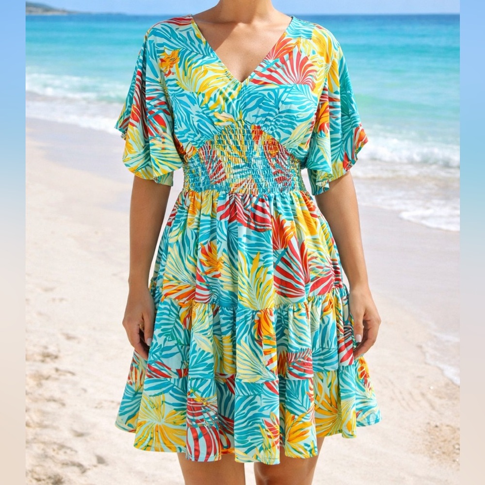 Haptics Tropical Palm Print Mini Dress Smocked Waist Tiered Ruffle Summer L NWOT